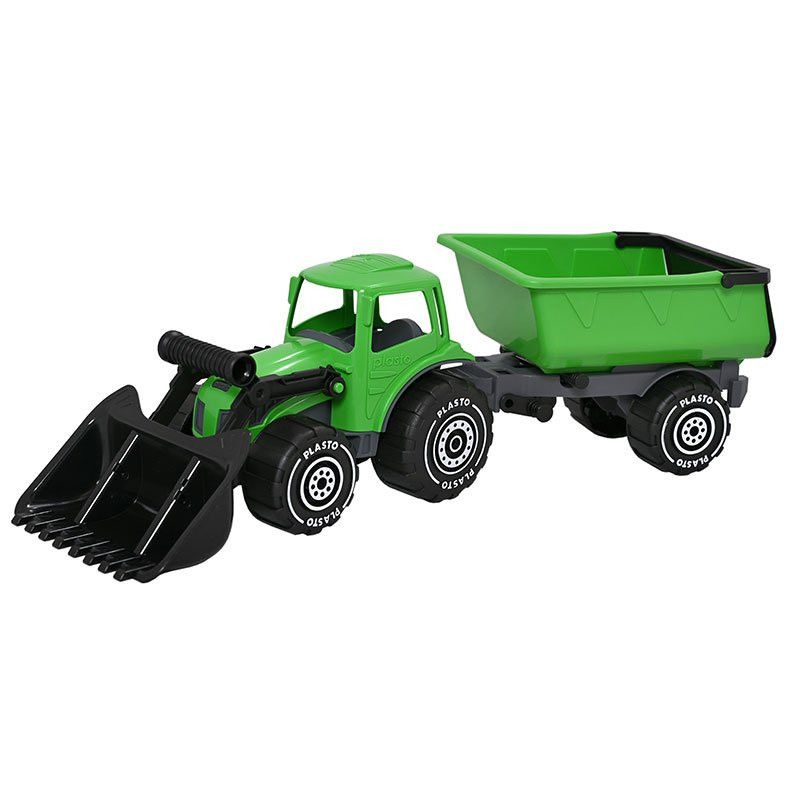 Stor Traktor med frontlastare och släp grön 56 cm